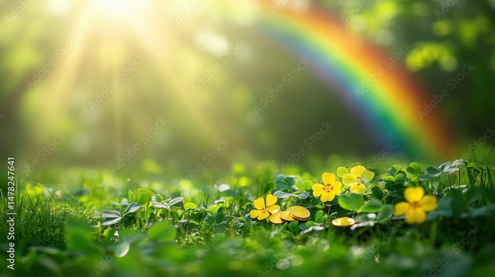 Sunny meadow with rainbow, vibrant flowers, and lush greenery Sunny meadow with rainbow, vibrant flowers, and lush greenery