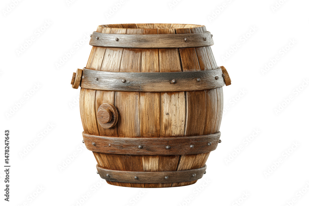 Obraz premium PNG Rustic wooden barrel with metal hoops on black background