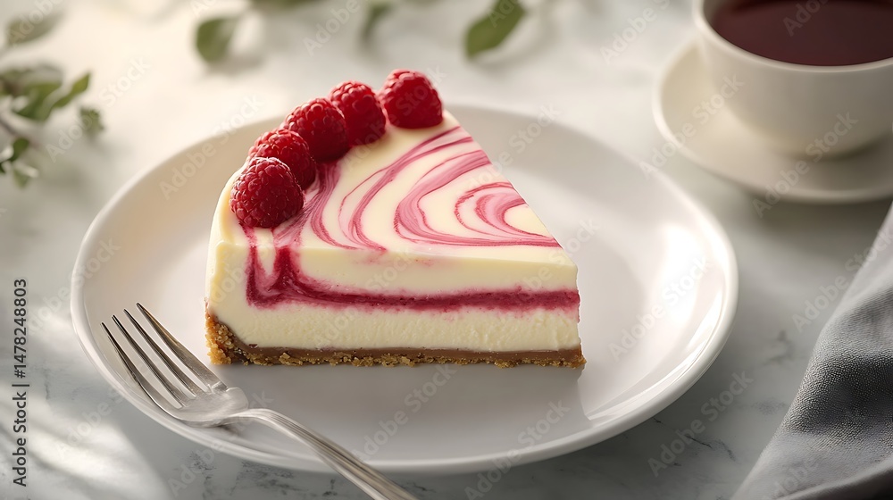 Slice of Raspberry Swirl Cheesecake with a Cup of Tea Slice of Raspberry Swirl Cheesecake with a Cup of Tea