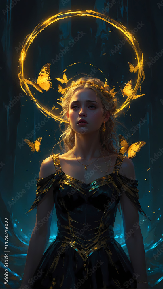 Fototapeta premium A waifu has deer antlers. Her dress has a beautiful shimmering pulsating gold pattern that gives it an extraordinary look. Generative AI