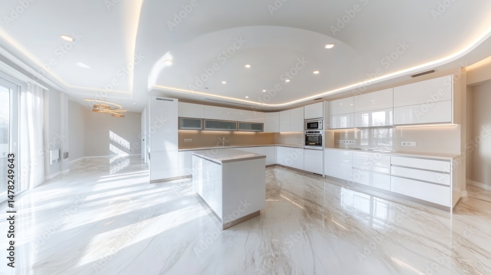 Obraz premium Modern kitchen with sleek design and ample natural light.