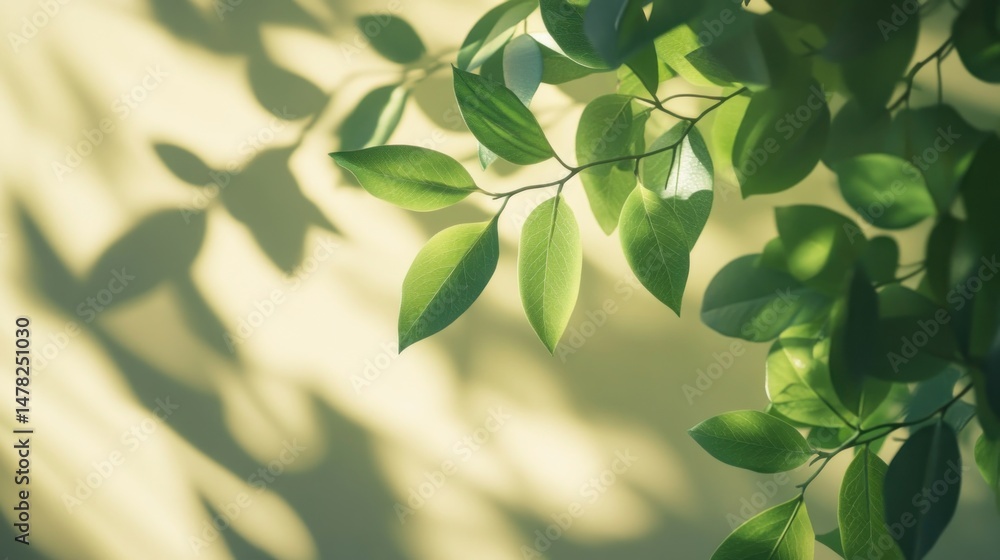 Obraz premium A close-up of green leaves casting shadows on a light background, creating a serene atmosphere.