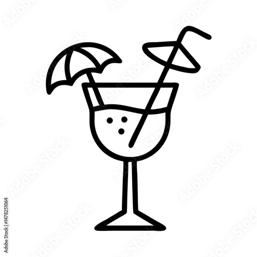 Cocktail drink with umbrella and straw in a glass  
