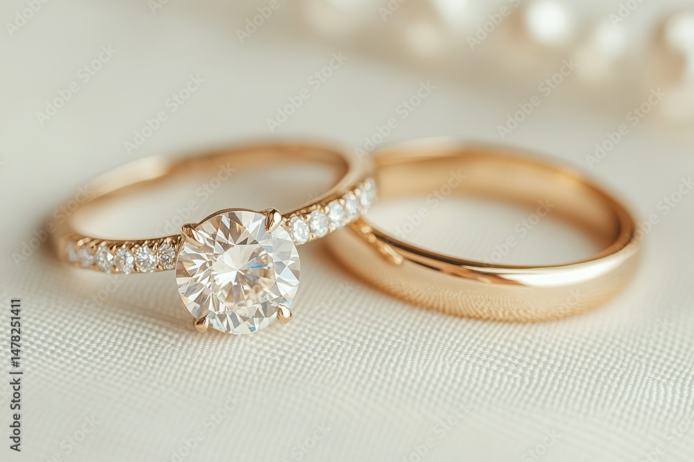 Close up of Elegant Engagement Ring and Wedding Band on Fabric Close up of Elegant Engagement Ring and Wedding Band on Fabric