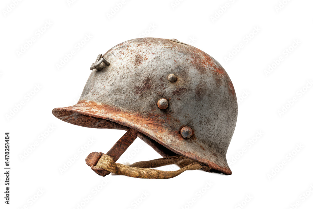Fototapeta premium PNG Rusty vintage combat helmet with chin strap on black background