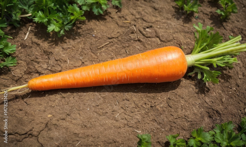 A solitary carrot on the ground with dirt surrounding it, great for food or gardening scenes