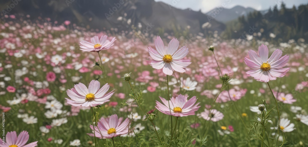 Obraz premium Pink and white cosmos flowers sway gently in breeze, floral, summer, botany