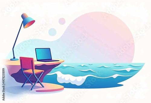 digital nomad workspace by ocean with pink sky
