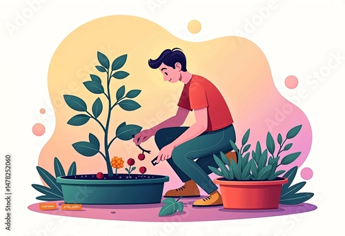 vibrant gardening illustration with man tending to plants