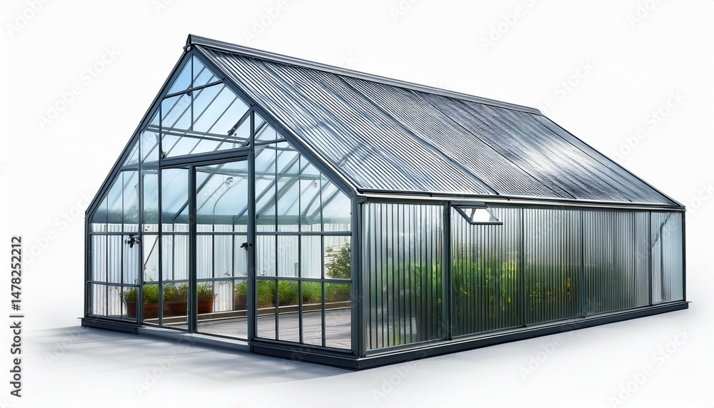 Obraz premium small empty glass greenhouse with metal frame isolated on white background perfect for growing plants and indoor gardening