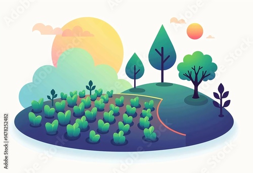 sustainable farming illustration with sunrise, trees, crop fields