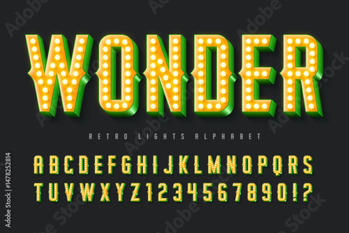 Retro circus alphabet design, cabaret, fairy LED lamps letters and numbers.
