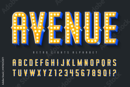 Retro circus alphabet design, cabaret, fairy LED lamps letters and numbers.