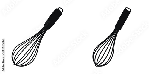 This is a simple, black and white illustration of two kitchen whisks.