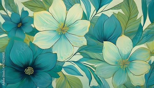 floral pattern brush strokes light green and blue color palette simple shapes large flowers hand drawn illustration