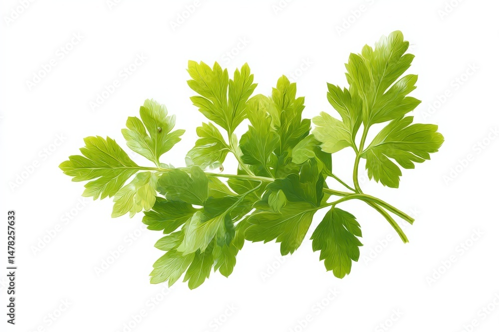 Fresh parsley sprig isolated on white background. Vibrant green leaves. Fresh parsley sprig isolated on white background. Vibrant green leaves.