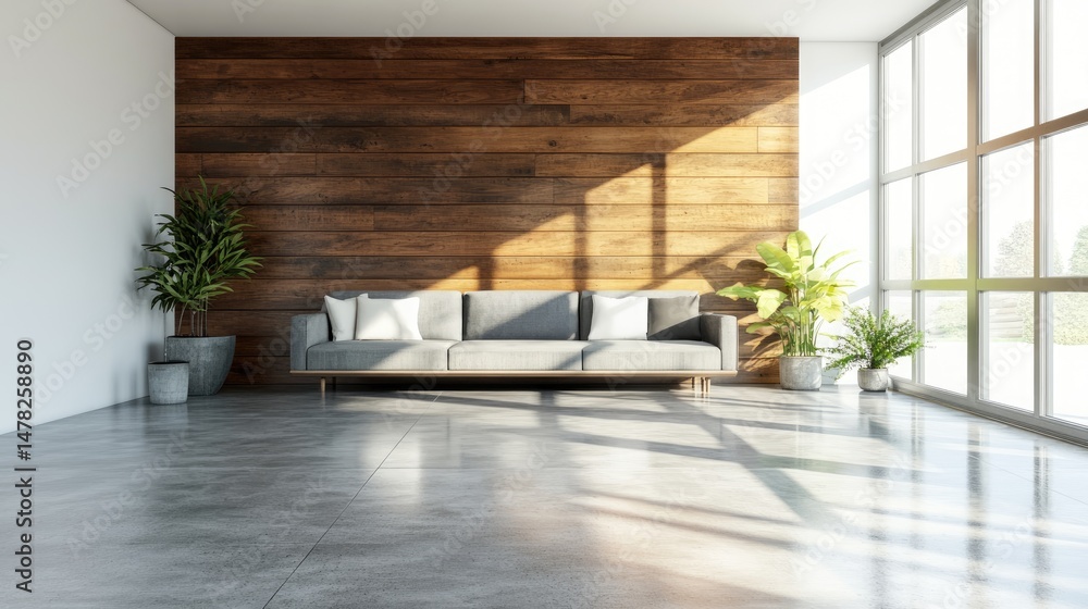 Fototapeta premium Modern living room interior with wooden wall and concrete floor.