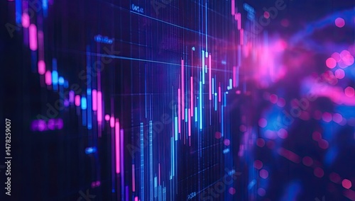 Stock market data visualization, vibrant colors, and financial charts