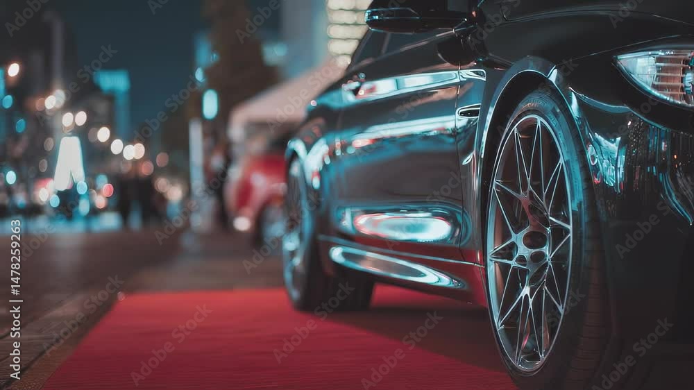Sleek black vehicle with polished wheels gleaming under urban lights on a red carpet street, suggesting wealth, exclusivity, and prestige Sleek black vehicle with polished wheels gleaming under urban lights on a red carpet street, suggesting wealth, exclusivity, and prestige