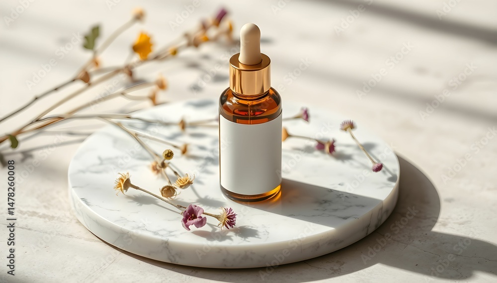 Natural Skincare Serum Bottle Mockup with Dried Flowers Natural Skincare Serum Bottle Mockup with Dried Flowers
