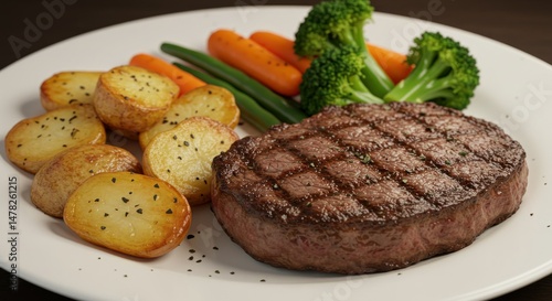 Grilled steak with roasted potatoes and vegetables