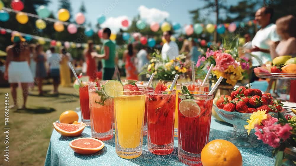 Colorful summer drinks and fruit on table at outdoor garden party with people and decorations in background Colorful summer drinks and fruit on table at outdoor garden party with people and decorations in background
