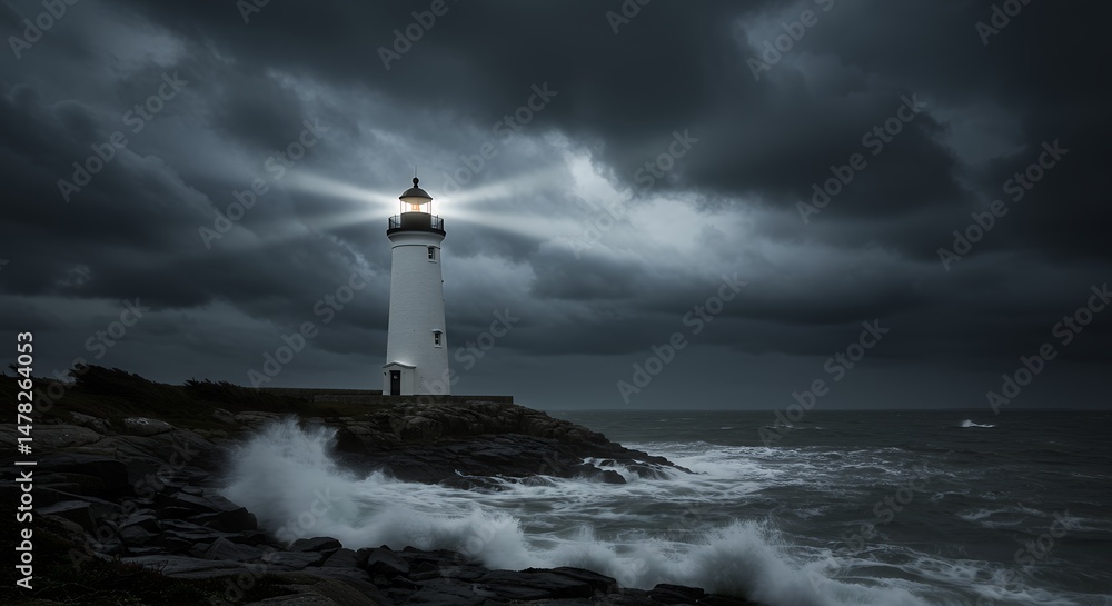 Lighthouse Illuminating Dark Stormy Ocean Scene Lighthouse Illuminating Dark Stormy Ocean Scene
