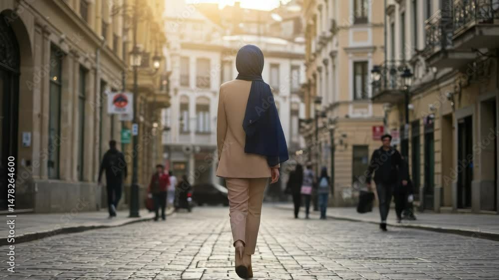 Woman walking city street golden light Woman walking city street golden light