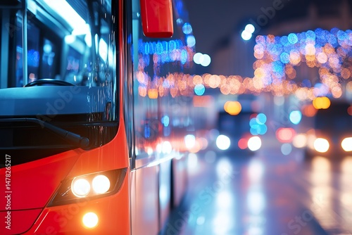 Public transit bus moving through city at dusk with Christmas illuminations