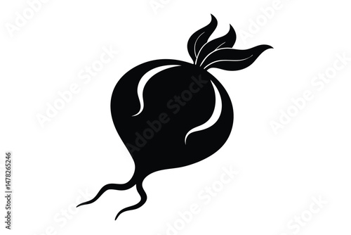 Stylized Vector Graphic Illustration Black Beetroot with Leaves and Roots Silhouette Isolated