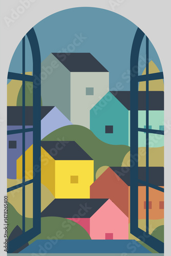 Flat illustration vector in bright colors. Geometric house background design