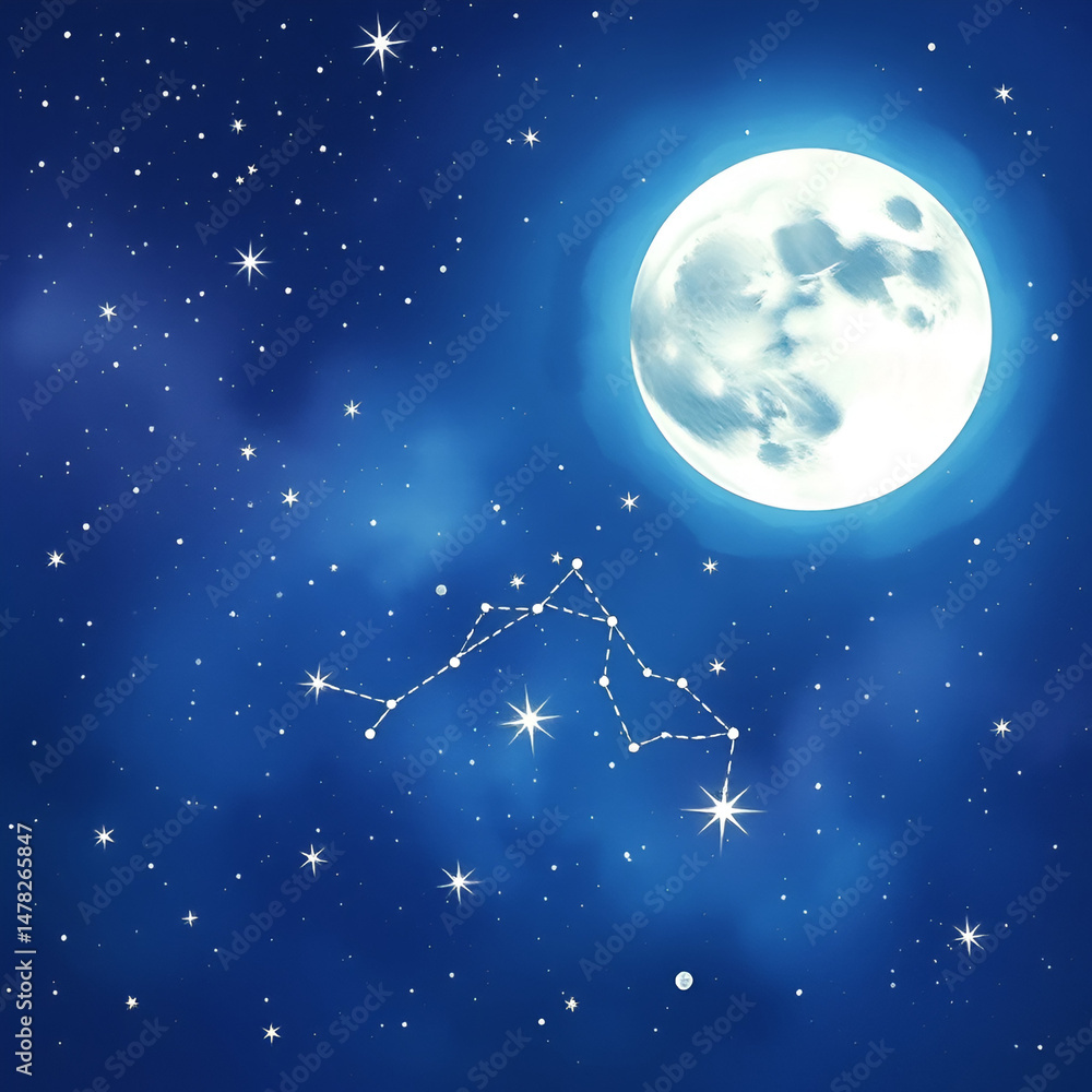 Fototapeta premium Ethereal watercolor illustration of a magical starlit sky with a mystical moon and twinkling constellations, high-quality, enchanting allure, celestial enchantment