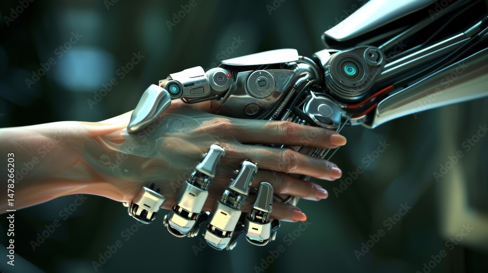 flat design robot handshake with human silver and blue on hands . flat design robot handshake with human silver and blue on hands .