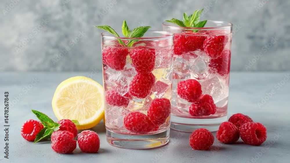 Refreshing raspberry drink with ice cubes, lemon and mint served in clear glasses on light gray surface Refreshing raspberry drink with ice cubes, lemon and mint served in clear glasses on light gray surface