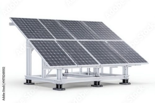 A solar panel array is showcased, featuring multiple solar panels aligned and fixed on a robust frame.