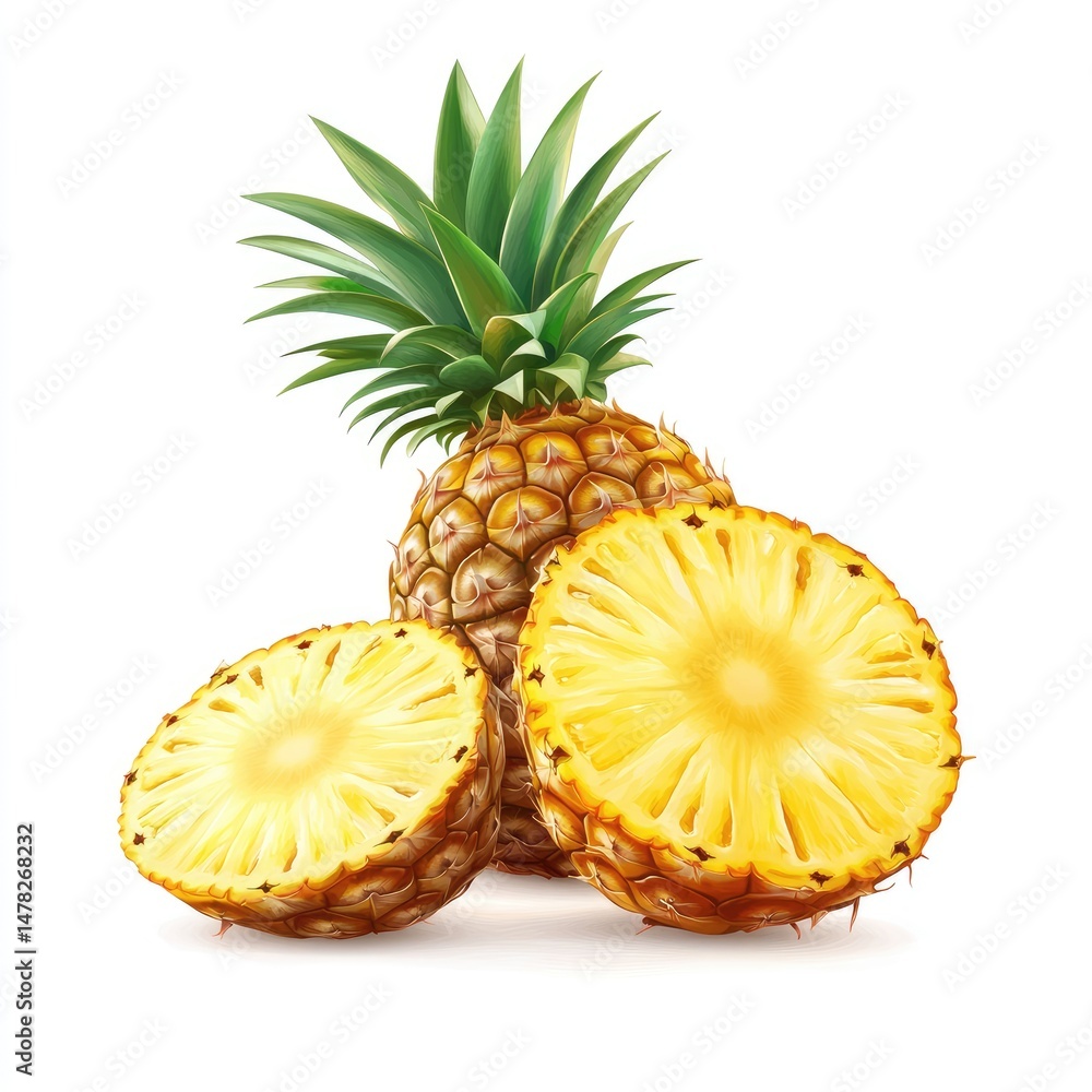 Fresh pineapple slices and whole pineapple Fresh pineapple slices and whole pineapple