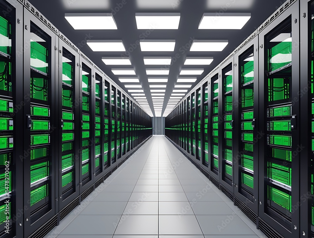Obraz premium Cutting-edge data center interior showing rows of glowing servers and high-speed network systems, ideal for illustrating cloud computing, big data, or AI technology themes