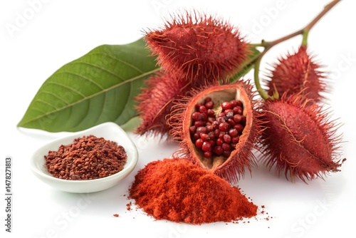 Annatto Seeds, Powder, and Open Pod with Leaf – Natural Botanical Coloring Illustration