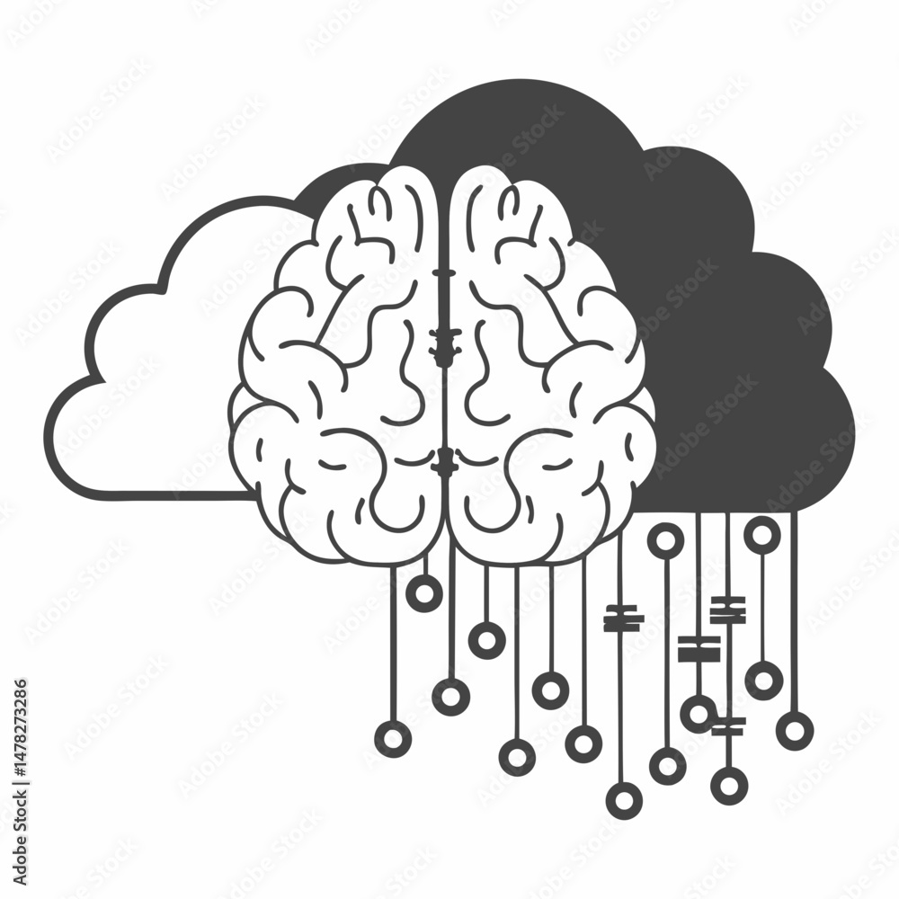 Outline Vector Graphic of a Brain Connected to a Data Cloud, Symbolizing Artificial Intelligence and Cognitive Computing. Outline Vector Graphic of a Brain Connected to a Data Cloud, Symbolizing Artificial Intelligence and Cognitive Computing.