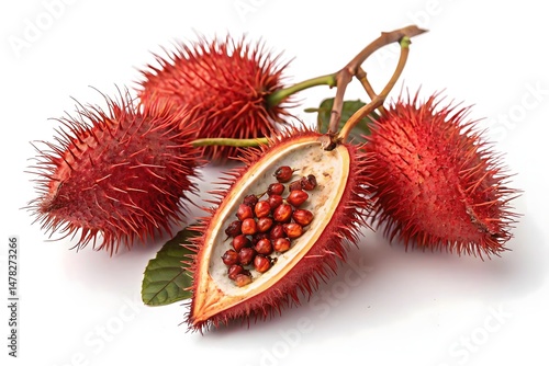 Annatto Fruit Cluster with Cut Pod Showing Seeds – Botanical Dye Source Illustration
