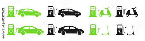 Gasoline car and electric car at the refueling station . Car charging at the charger station. Eco car . Auto refueling petrol at the gas station. ecology transport concept vector illustration