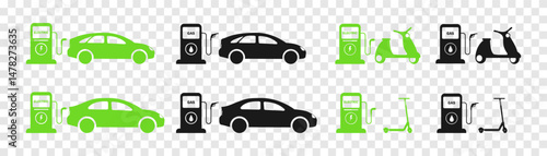 Gasoline car and electric car at the refueling station . Car charging at the charger station. Eco car . Auto refueling petrol at the gas station. ecology transport concept vector illustration