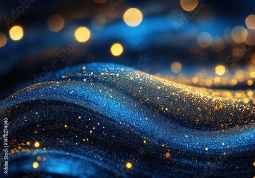 Abstract Blue Gold Glitter Background with Bokeh Lights