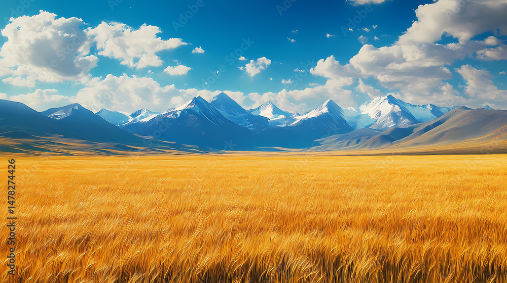 Obraz premium Golden Field and Majestic Peaks: Witness a breathtaking panorama of golden wheat fields stretching towards the majestic snow-capped peaks under a cerulean sky, evoking a sense of serenity.