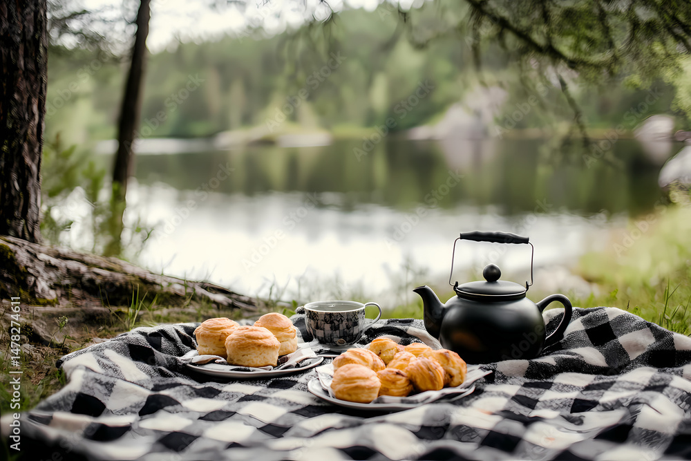 Lakeside Picnic: A tranquil lakeside picnic scene unfolds, featuring a black teapot, delicate pastries, and a checkered blanket spread beneath a shady tree. Lakeside Picnic: A tranquil lakeside picnic scene unfolds, featuring a black teapot, delicate pastries, and a checkered blanket spread beneath a shady tree.