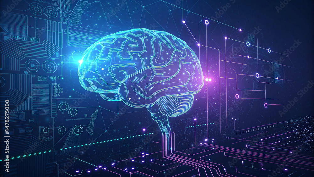 Connecting the human brain to a digital circuit board shows how technology and intelligence can build a global network for communication and data Connecting the human brain to a digital circuit board shows how technology and intelligence can build a global network for communication and data
