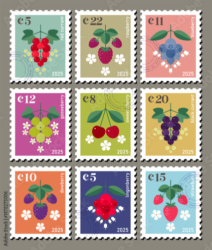Set of Postage Stamps with images of berries on different backgrounds. Symmetrical graphic compositions with inscriptions and seals.