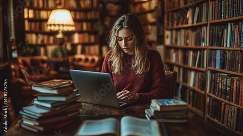 Focused student works on laptop in a library