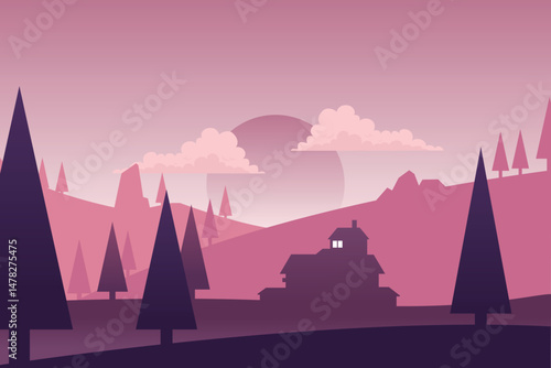 Sunset background. Silhouettes of tall palm trees against the backdrop of hills and mountains in the rays of a beautiful summer sunset. Natural landscape