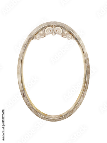Watercolor round vintage frame with carved ornament, isolated on transparent background.
